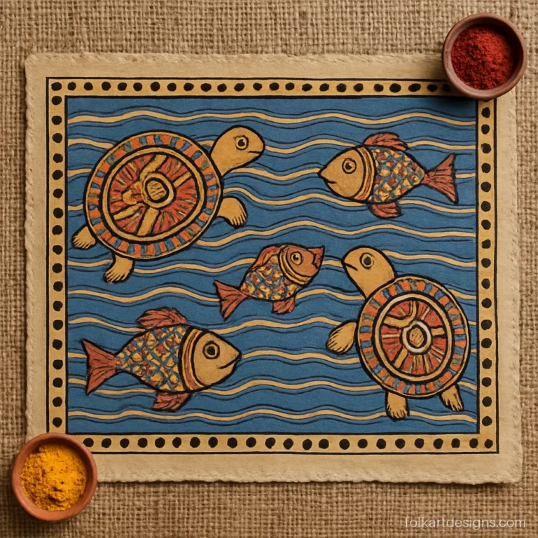 Madhubani painting on paper of turtles and fish in natural earth colours