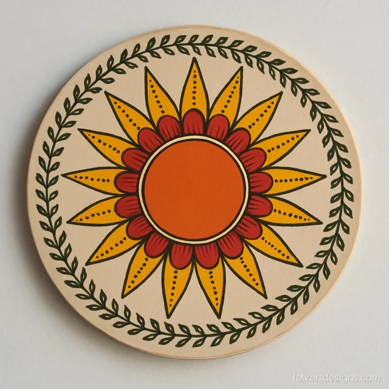 Madhubani sun design as a round pattern of orange rays and red petals