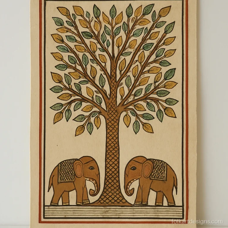 Madhubani tree of life with two elephants at the base on cream paper