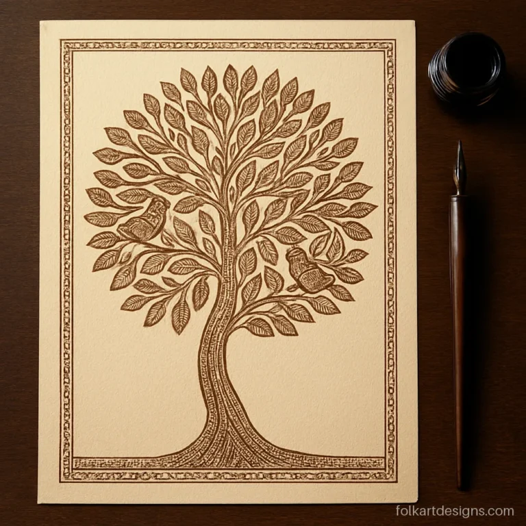 Kachni line madhubani tree of life drawn in sepia ink with fine hatching