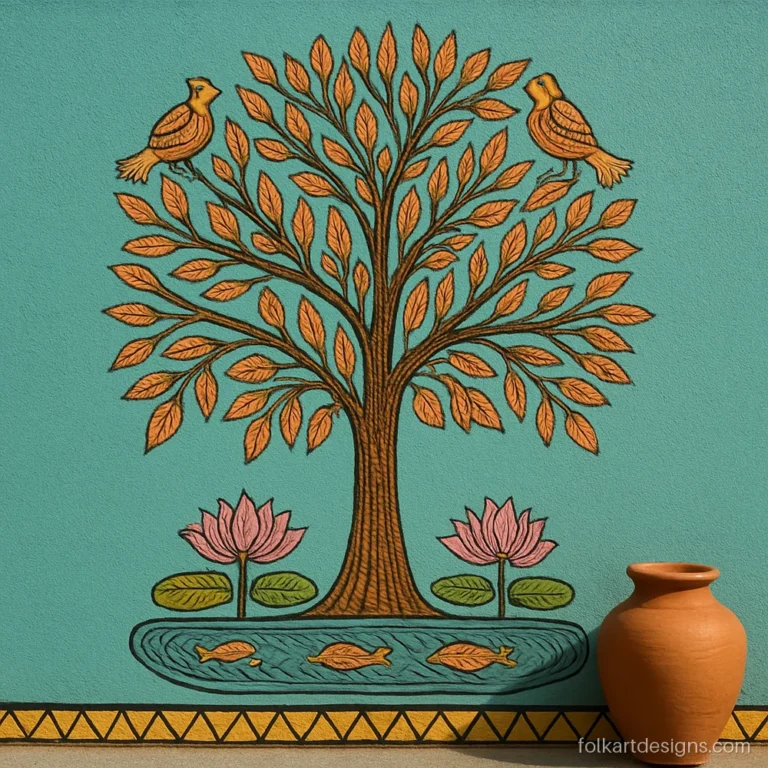 Madhubani tree of life above a lotus pond painted on a turquoise wall