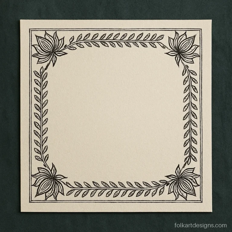 Fine line madhubani border with a leaf chain and a lotus in each corner
