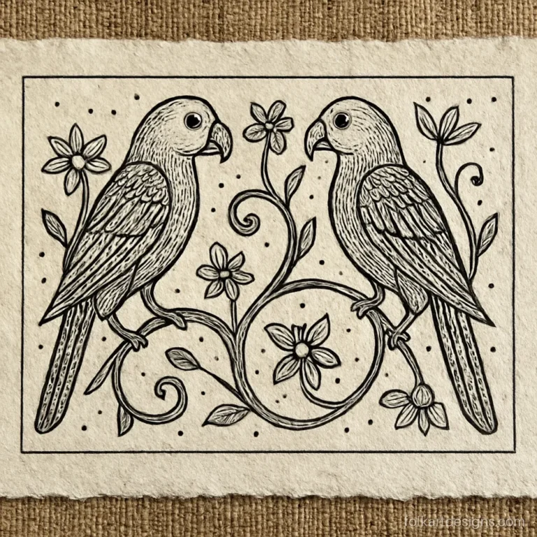 Madhubani bird drawing of two parrots on a flowering vine in black ink