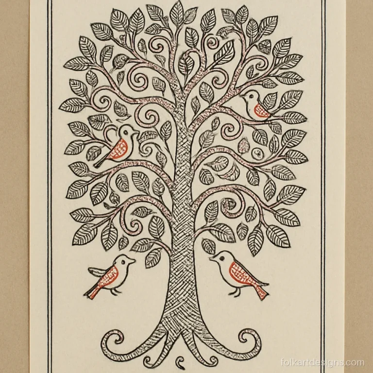 Madhubani art drawing of a tree of life in black and red kachni lines