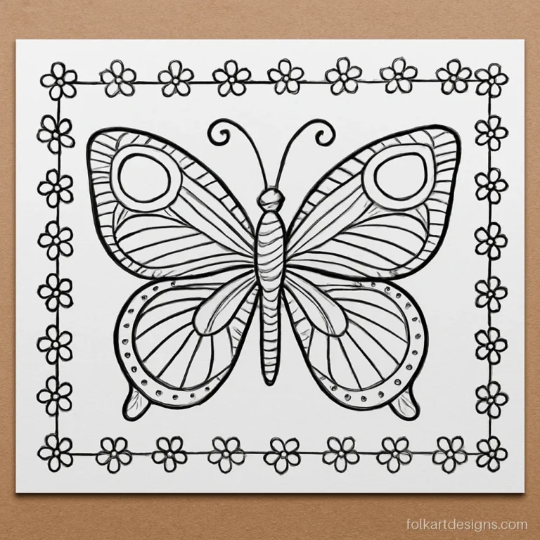 Madhubani butterfly drawing outline inside a square frame of small flowers