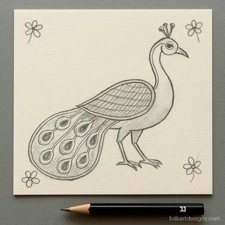 Madhubani paintings sketch of a peacock in soft 2B pencil on cartridge paper