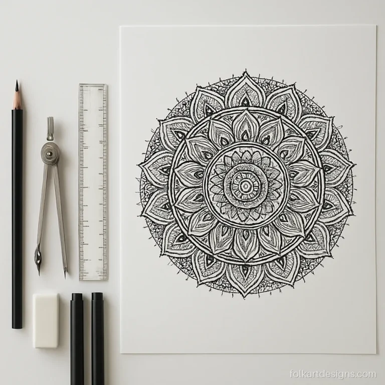 Mandala art kit for beginners with pencil, eraser, compass, ruler and three fineliners