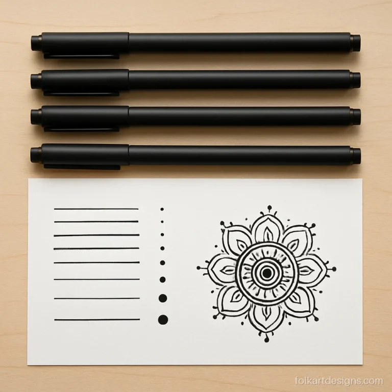 Black pen for mandala art in five tip sizes with a line test chart