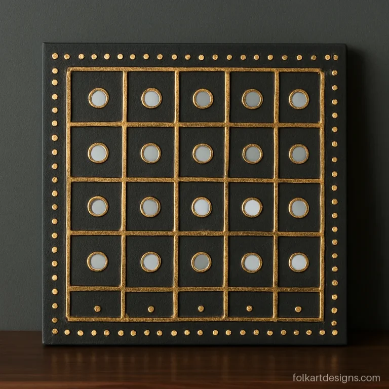 Square modern lippan art in bold black and gold with round mirrors