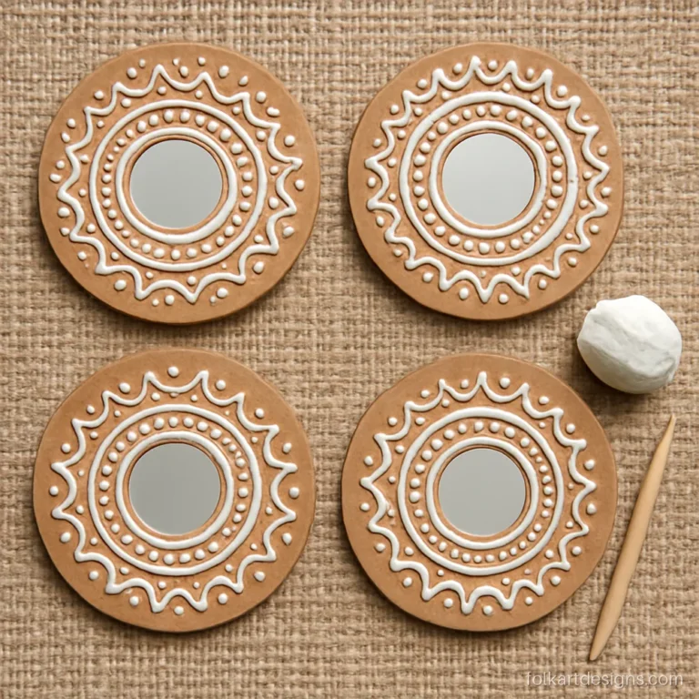Easy lippan art coasters with one round mirror each and simple clay rings