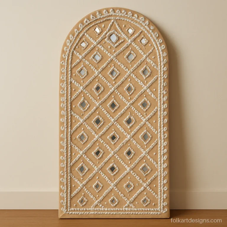 Tall arch shaped lippan art panel covered in diamond and triangle mirrors