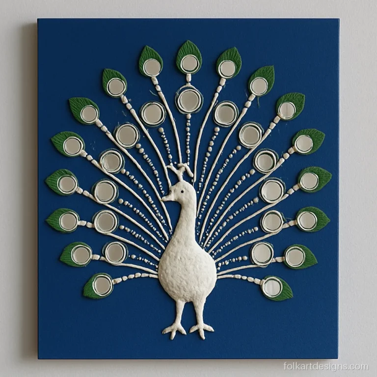 Lippan art peacock with a fanned tail full of round mirrors on a blue board