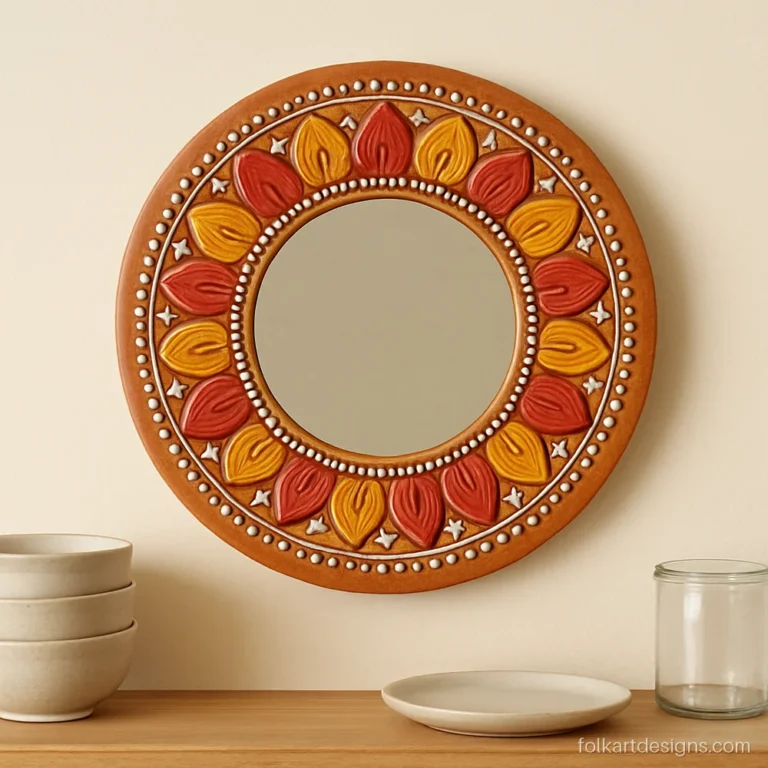 Decorative MDF plate with lippan art in red and yellow around a large central mirror