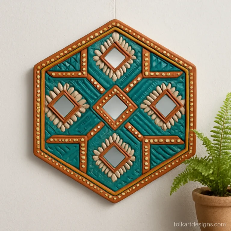 Hexagon modern lippan art in terracotta and teal with diamond mirrors