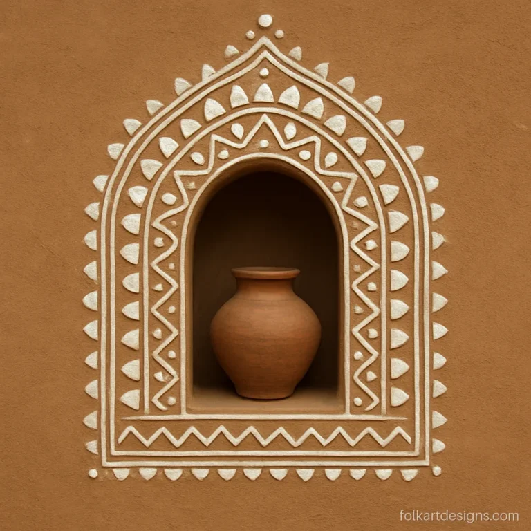 Lippan work on wall plaster around an arched niche in white clay and mirrors