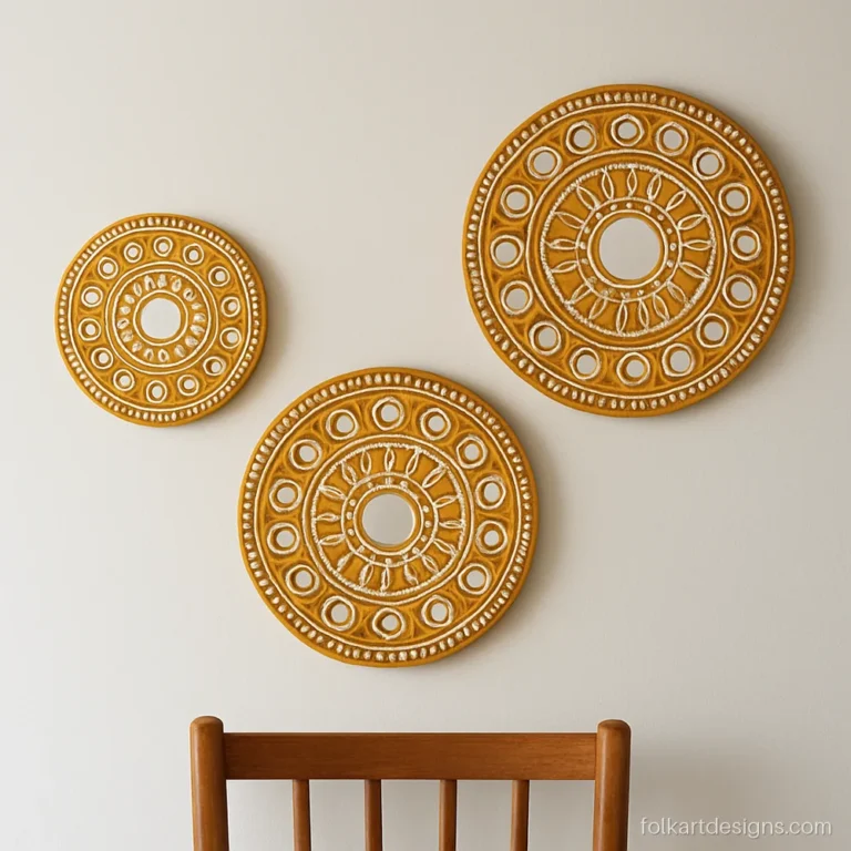 Three round pieces of lippan art on wall in graded sizes and mustard tones