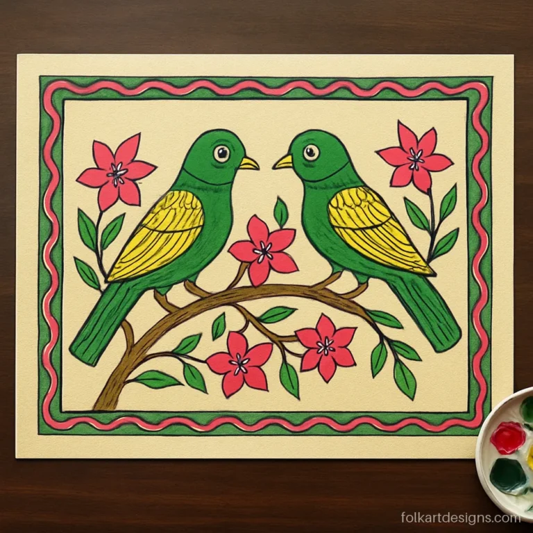 Manjusha painting of two birds facing each other on a flowering branch in pink