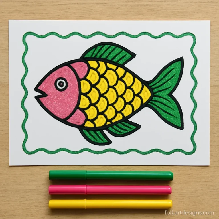 Easy manjusha art drawing of one fish with a wavy border in sketch pens