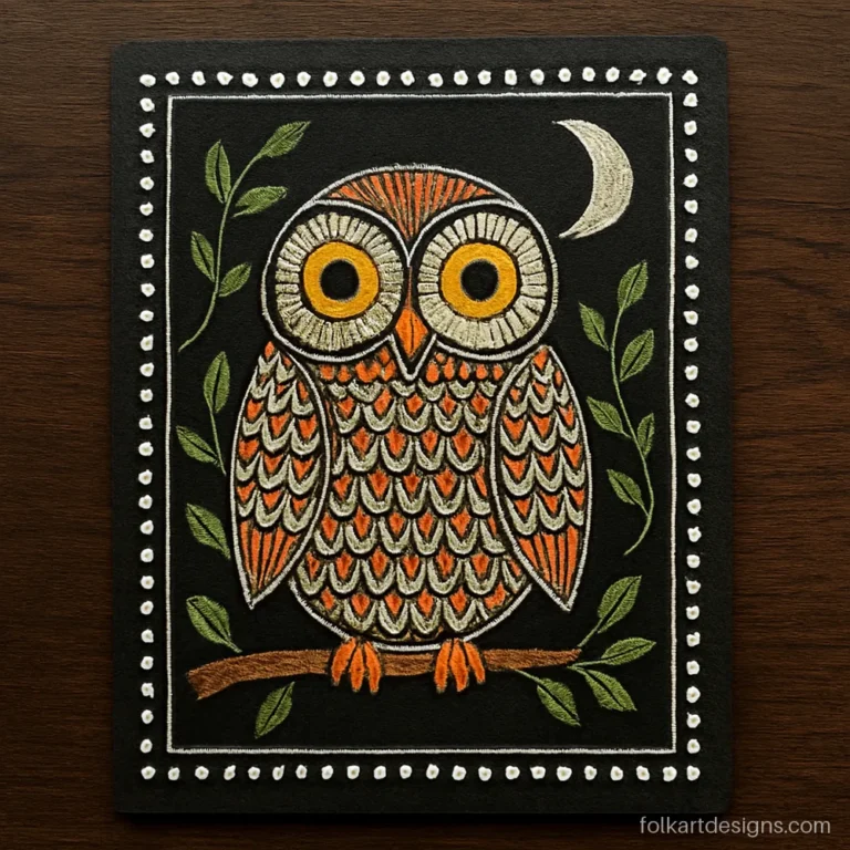 Owl madhubani painting with large round eyes and patterned wings on a black board
