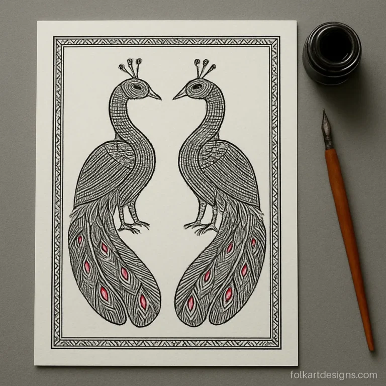 Mithila painting peacock pair in fine kachni line work with black and red ink