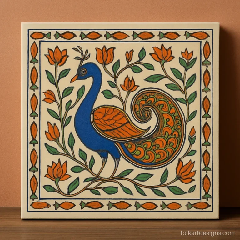 Madhubani art peacock and fish on canvas with a fish border design