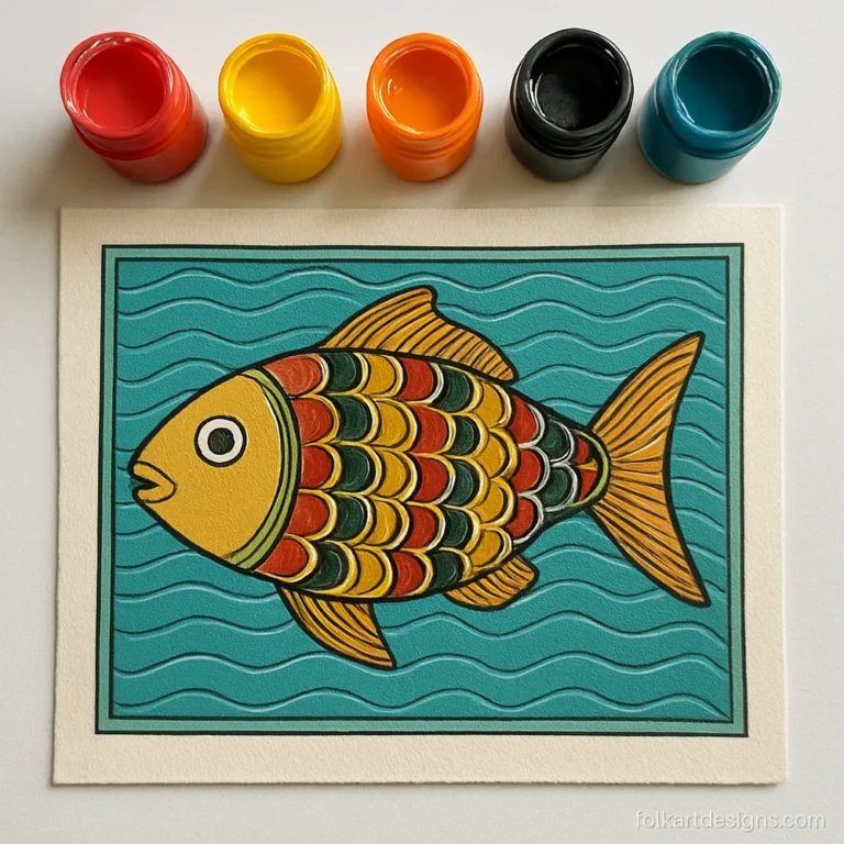 Madhubani fish art of a single large fish with patterned scales on turquoise