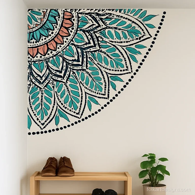 Mandala art on wall corner with a quarter design in teal and coral