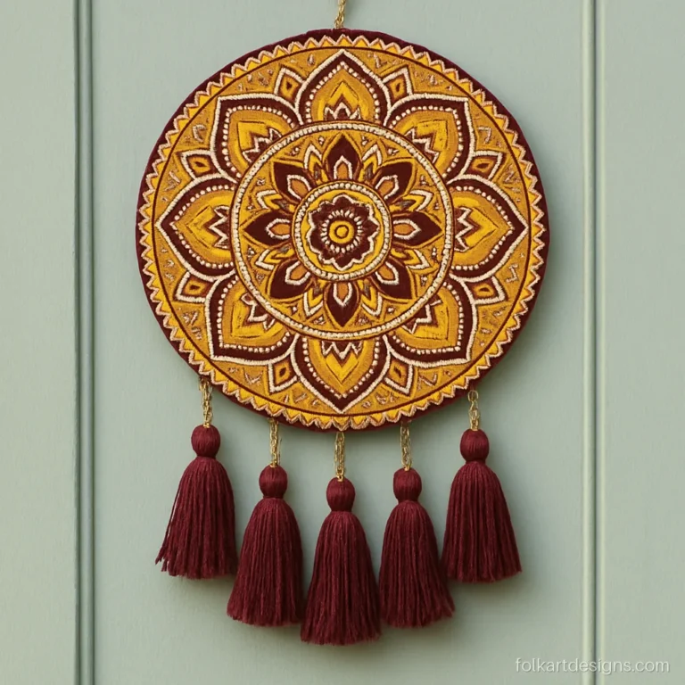 Mandala art wall hanging on a round board with cotton tassels