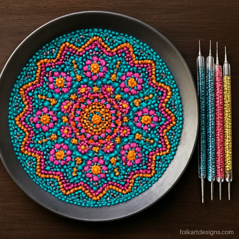 Mandala art on plate with colourful dot rings on a steel plate