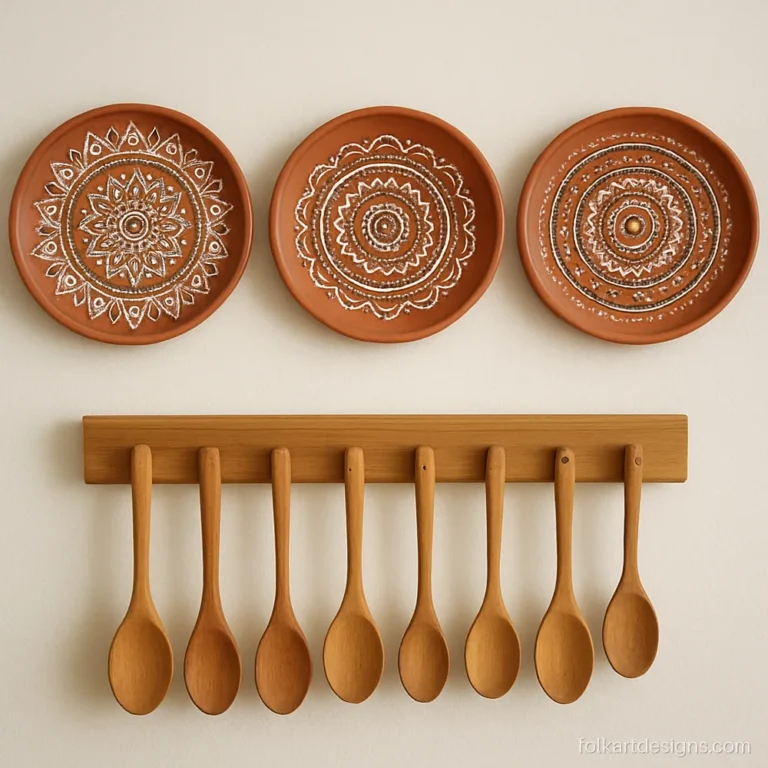 Three terracotta plates with mandala art hung on a kitchen wall
