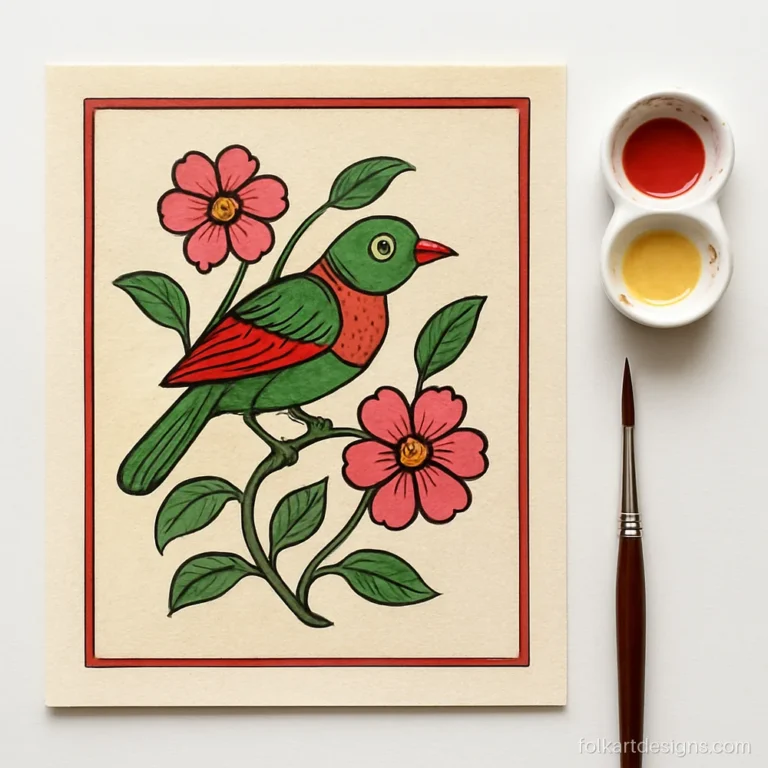 Easy pattachitra art of a single bird on a flowering branch on paper