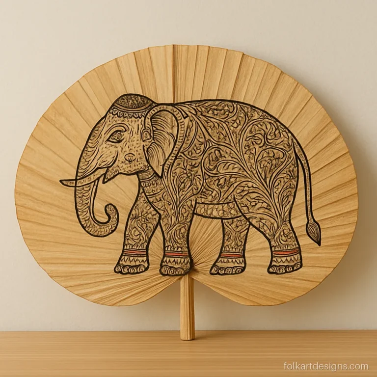 Fan folded palm leaf pattachitra showing an elephant over the joined strips