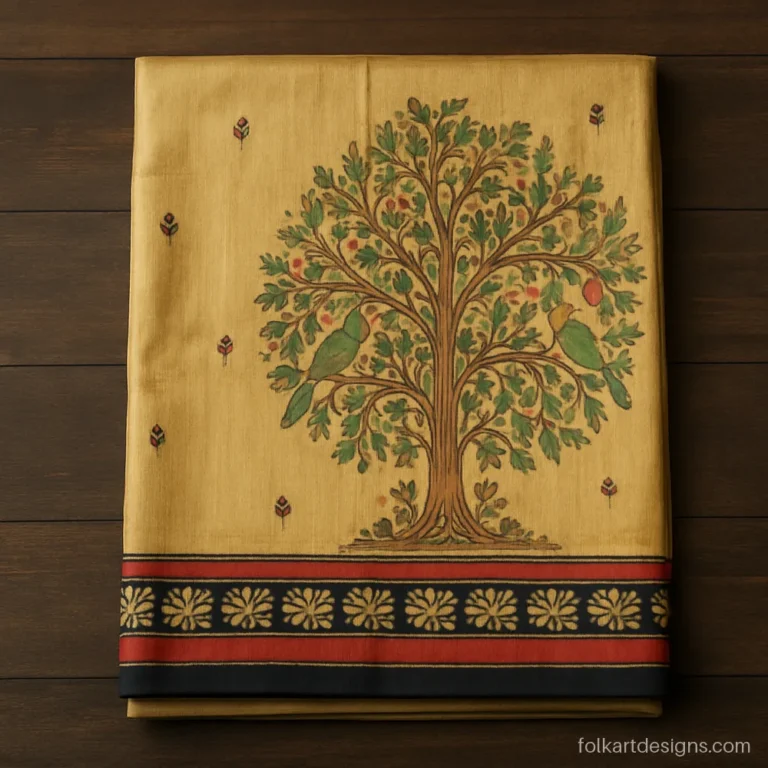 Pattachitra saree in tussar silk with a painted tree and birds on the pallu