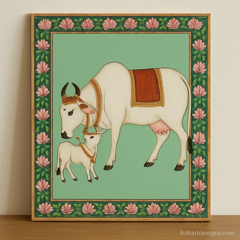 Pichwai cow and calf painting framed by a pink lotus border