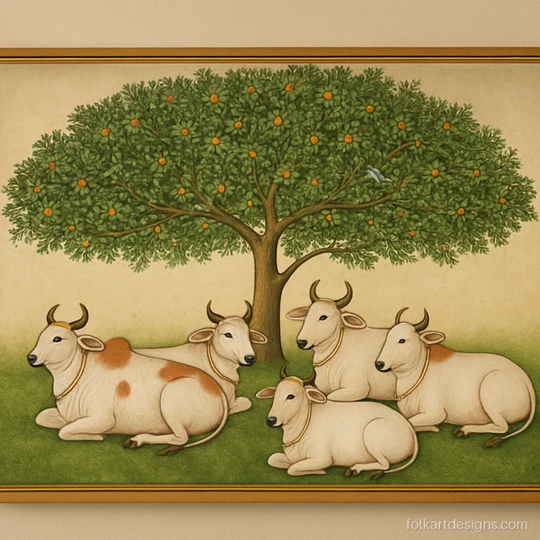 Pichwai painting cow herd resting under a large flowering tree