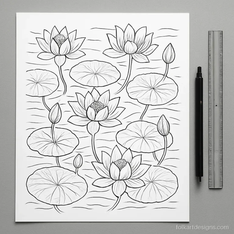 Lotus pichwai painting outline in black pen on A3 paper