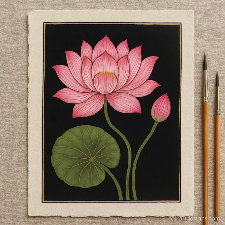 Pichwai painting motif of a single large lotus with layered pink petals