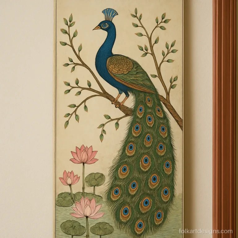 Peacock pichwai painting with a peacock on a branch above lotus flowers