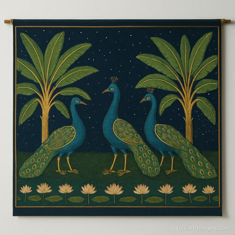 Pichwai art with peacocks between banana plants under a dark night sky