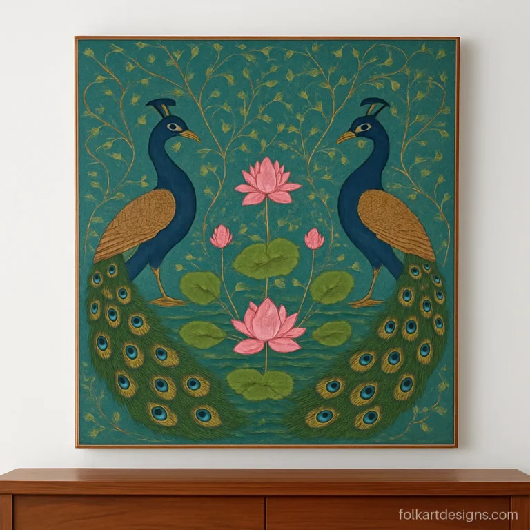 Peacock lotus pichwai painting with two peacocks on a teal ground