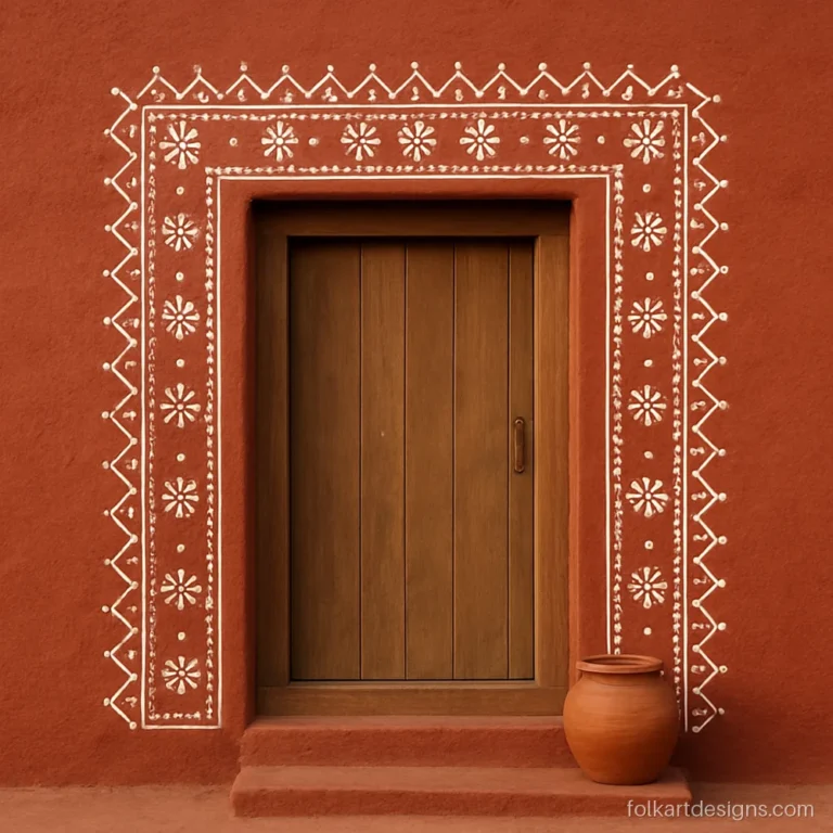 Mandana wall border in white zigzags and flowers around a red mud doorway