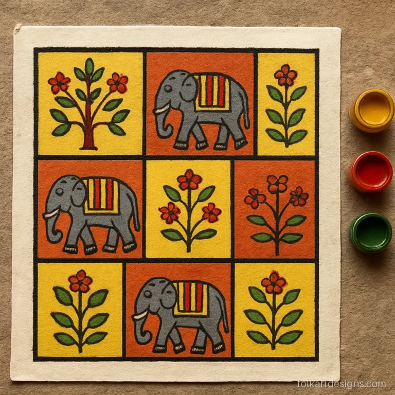 Simple phad painting grid of elephants and flowering trees in yellow and red boxes