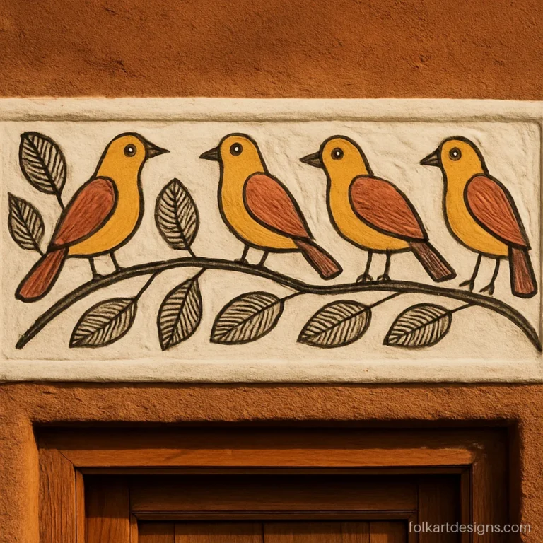 Sohrai art of four small birds on a curving branch on white clay