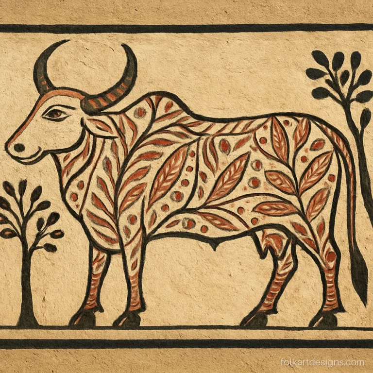 Sohrai painting of a large bull with a leaf-filled body on a mud panel