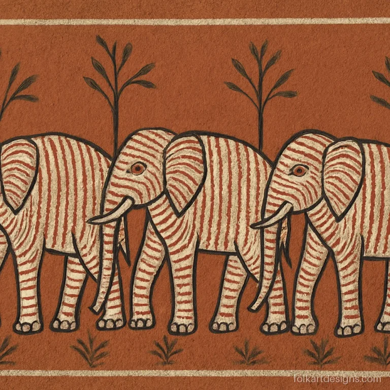 Sohrai painting of Jharkhand with three elephants walking among trees