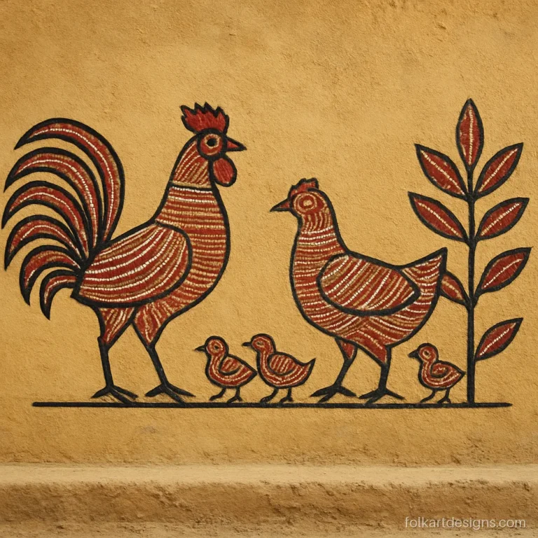 Sohrai painting of a hen, rooster and chicks on a courtyard mud wall