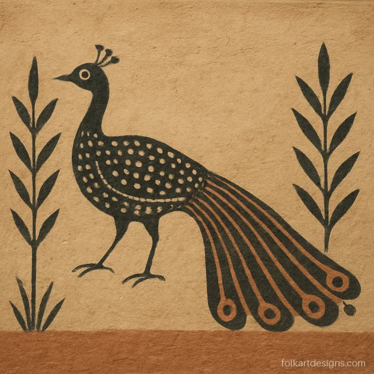 Sohrai painting peacock with a long lined tail among plants on an earth wall