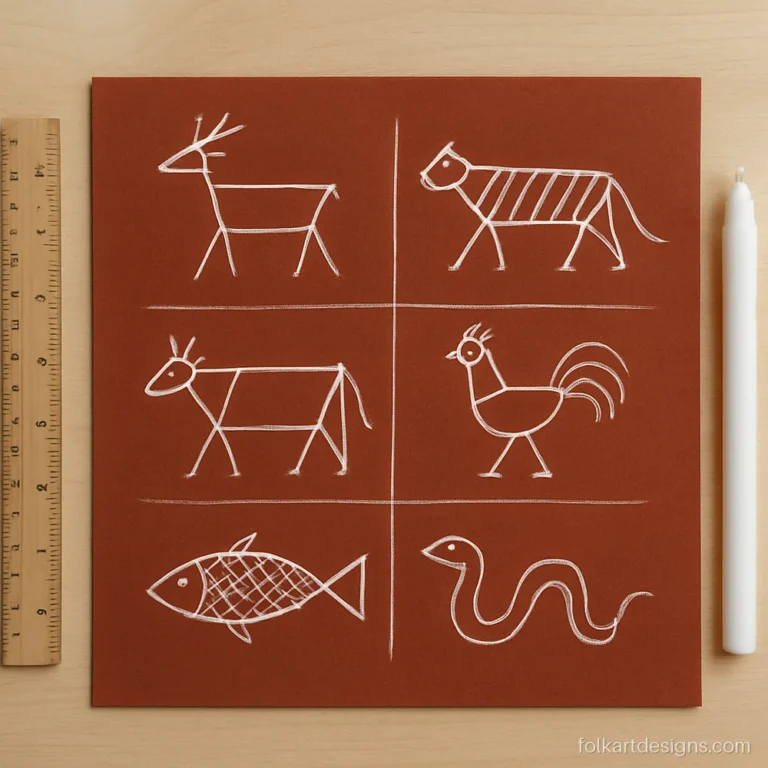Warli art animals sampler with deer, tiger, cow, rooster, fish and snake