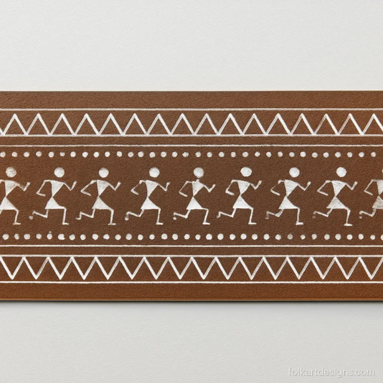 Warli art designs for borders with triangle bands, dots and running figures