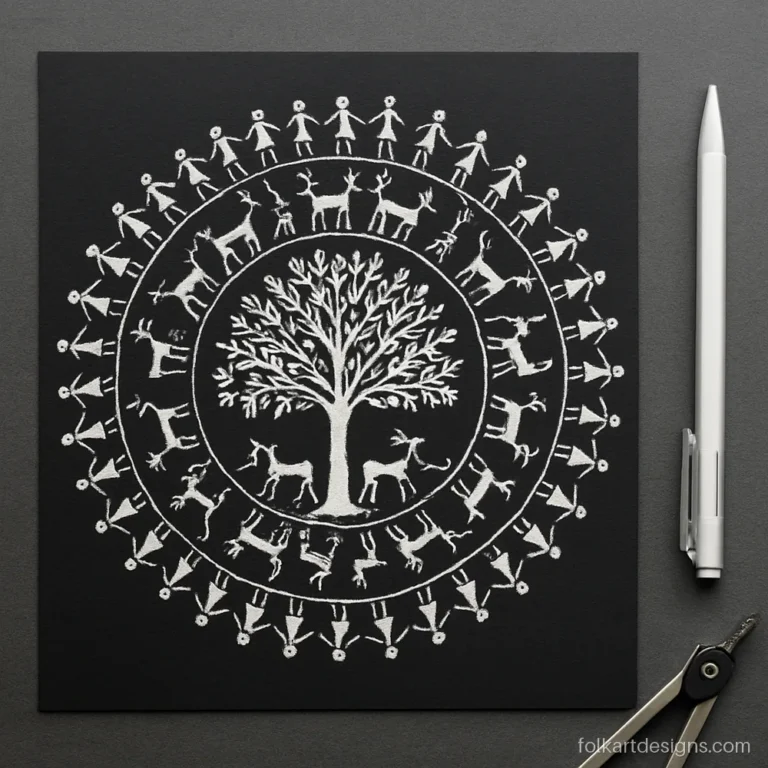 Warli art in circle drawn mandala style with rings of figures and animals